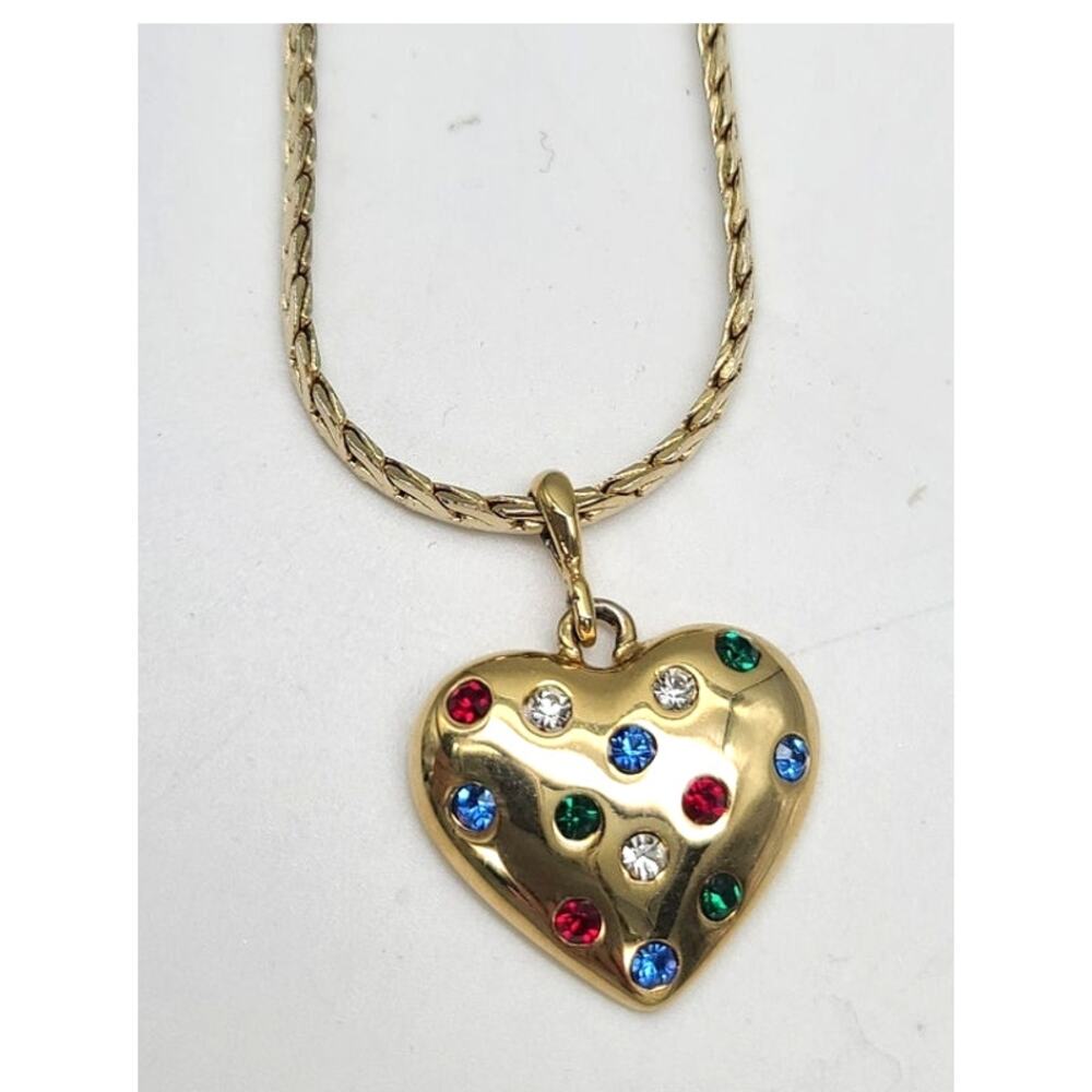 14k GP Pave Multicolored Gemstones Heart & Wheat Chain Pendant Necklace 24"